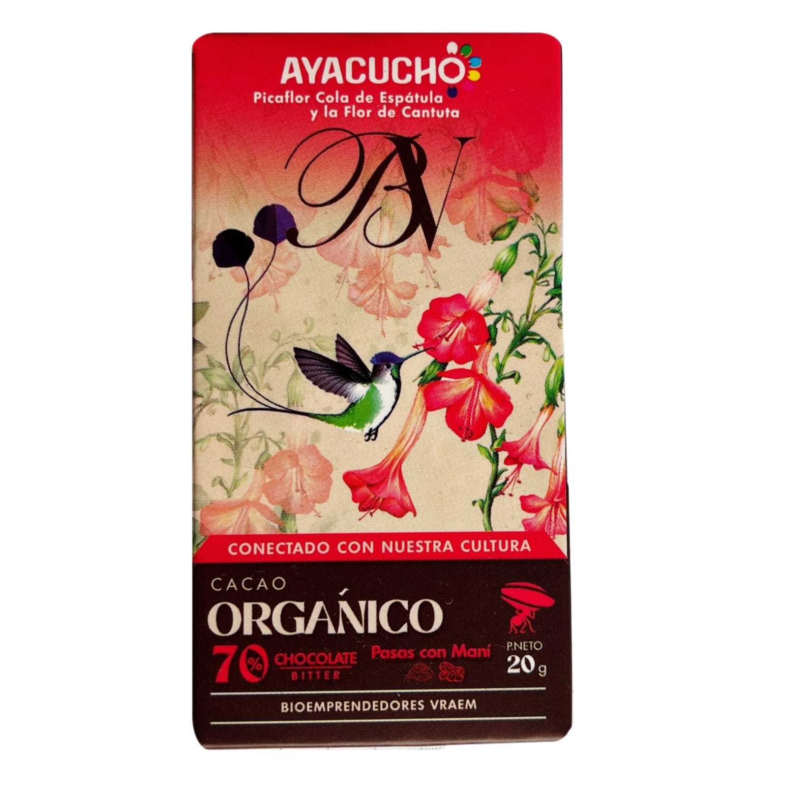 Chocolate de 70% cacao con pasas y maní x 20g