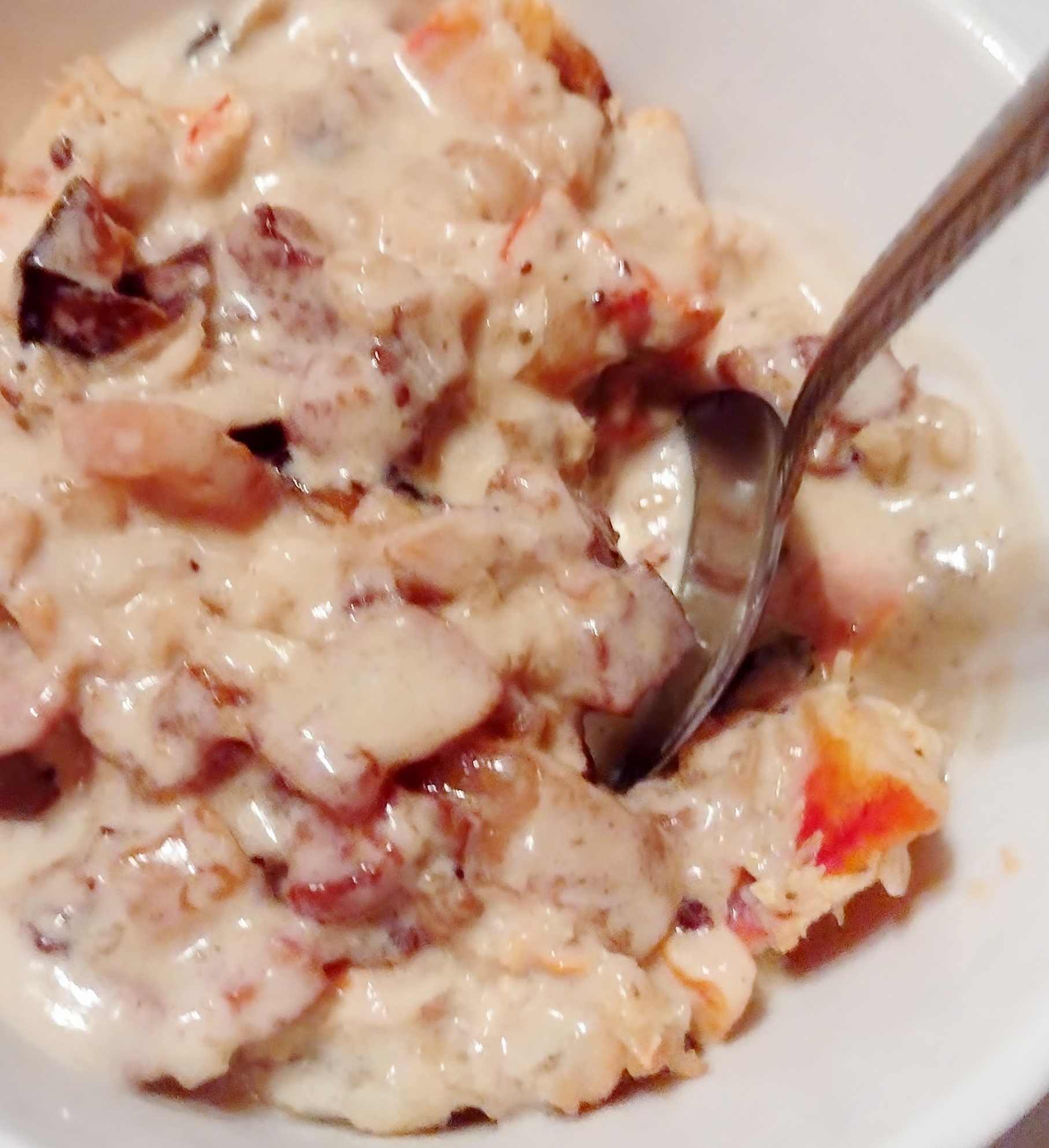 Maine lobster chowder, frozen New England style (12 portions packed two per bag).  