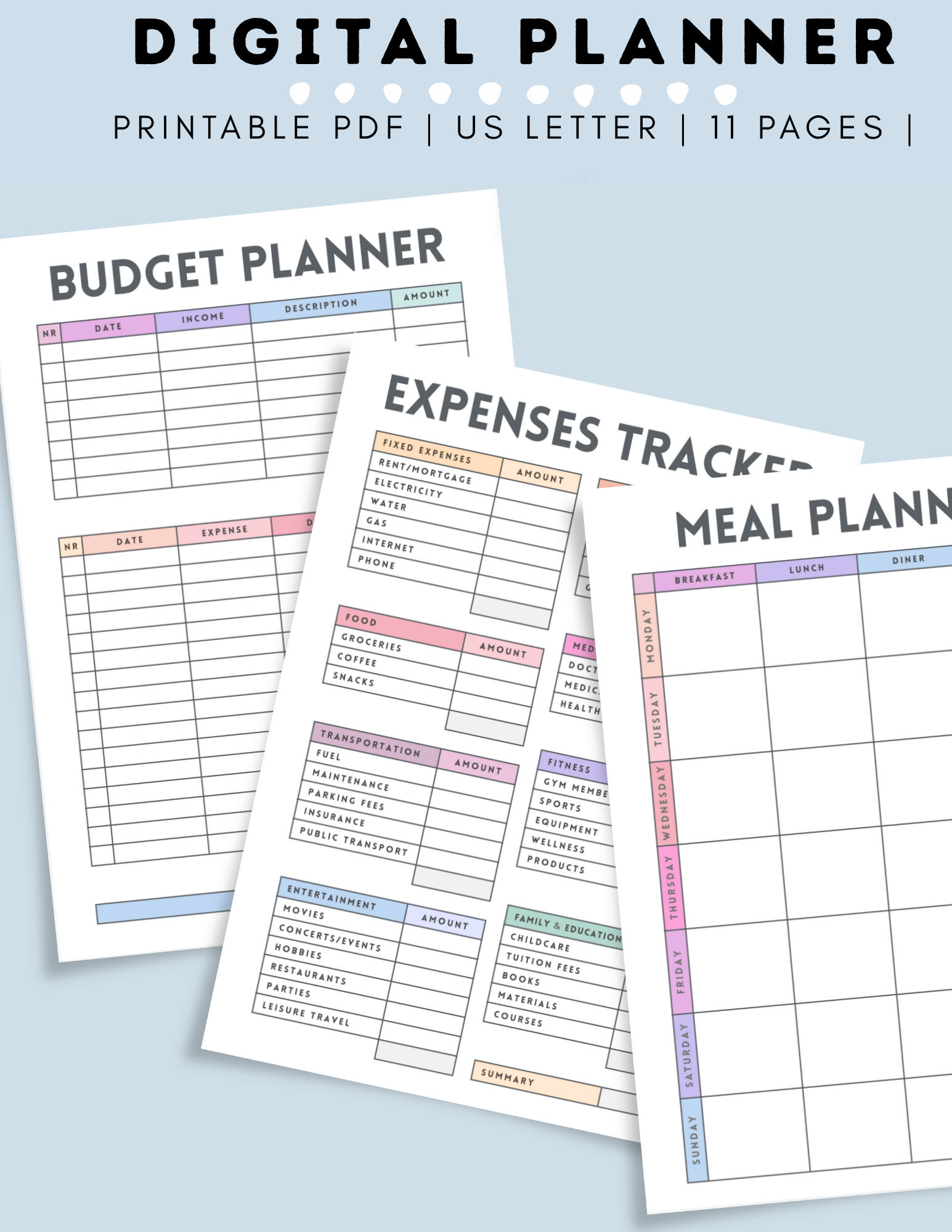 Digital Budget Planner PDF | Printable Finance Tracker, Meal Planner, Expense Sheet | 11 Page Monthly Organizer | US Letter