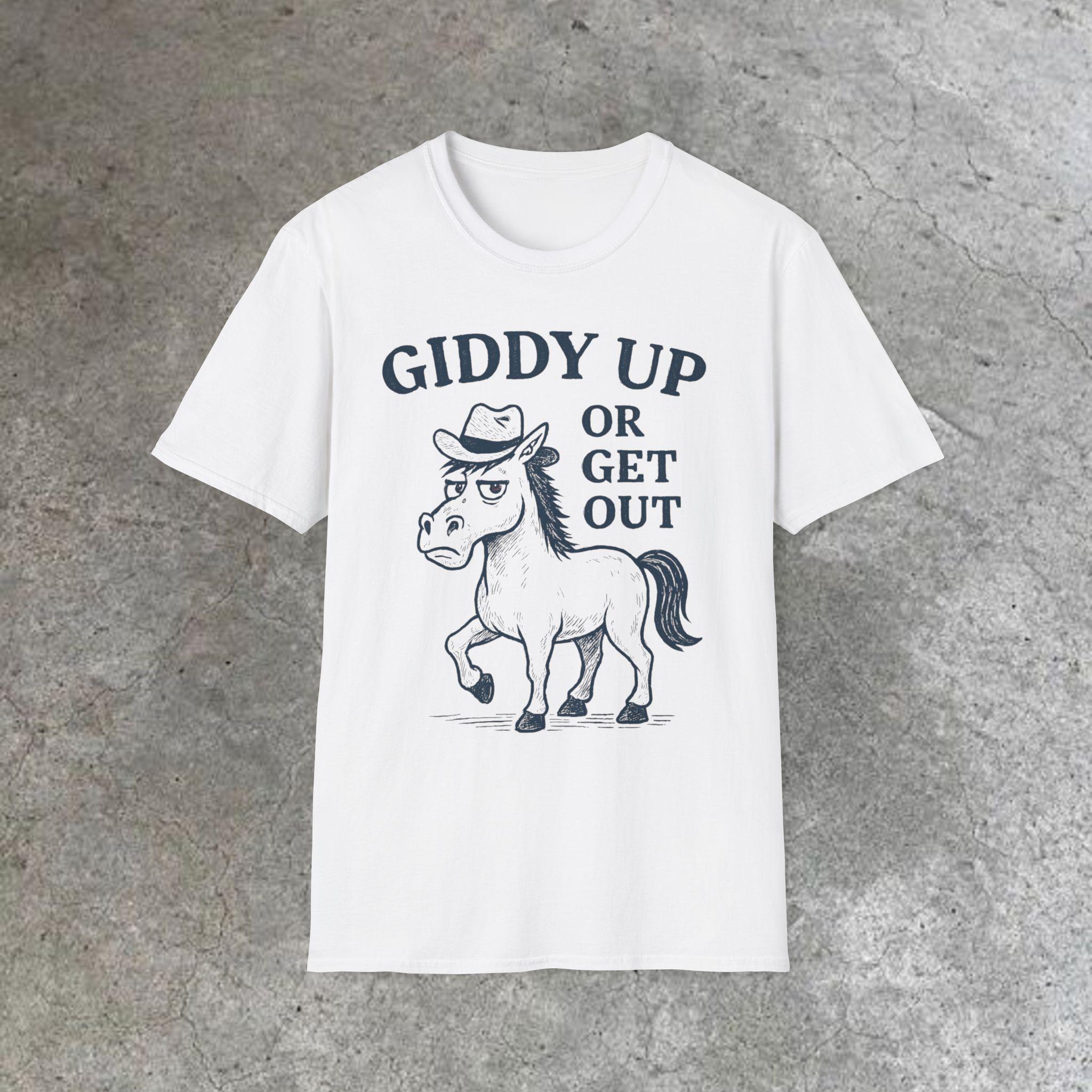 Funny Giddy Up T-Shirt, Cute Horse Graphic Tee, Unisex Farm Life Shirt, Gift for Horse Lovers, Casual Everyday Wear, Perfect for Birthdays