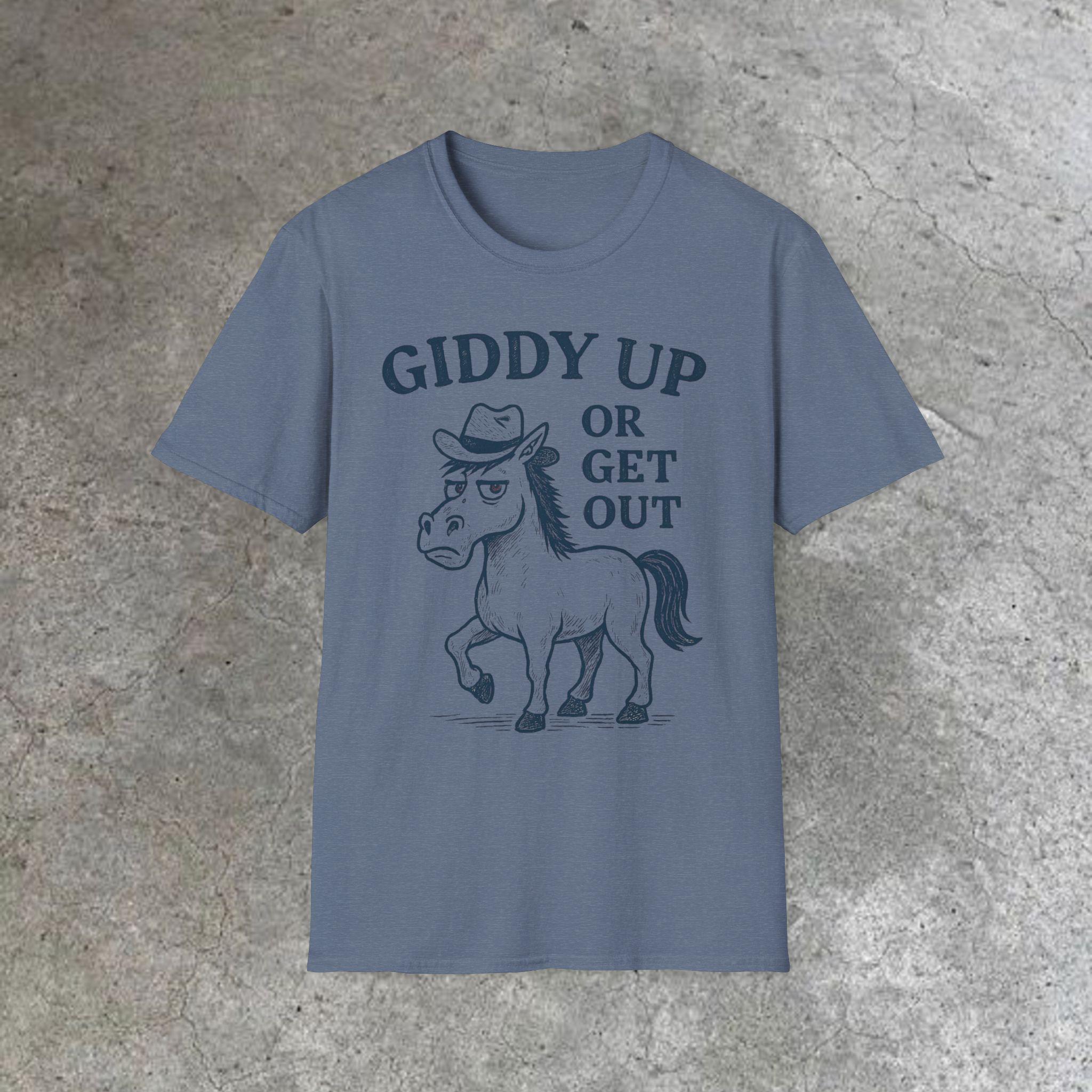 Funny Giddy Up T-Shirt, Cute Horse Graphic Tee, Unisex Farm Life Shirt, Gift for Horse Lovers, Casual Everyday Wear, Perfect for Birthdays