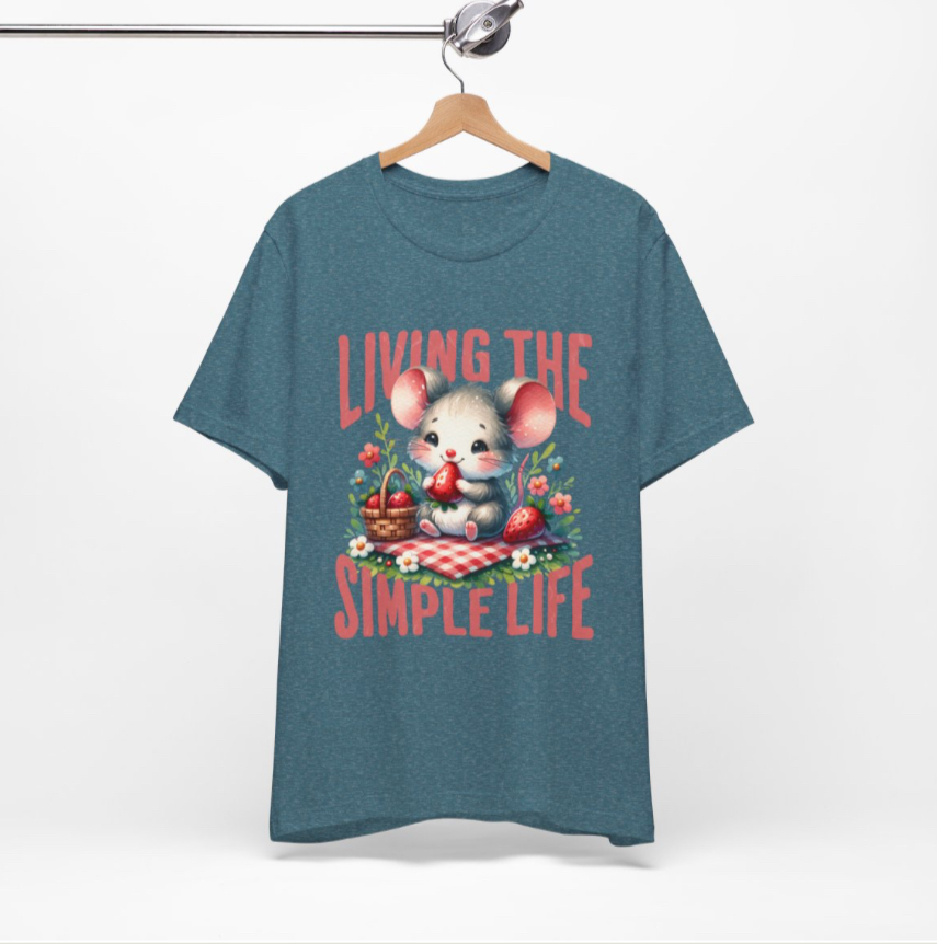 Living the Simple Life Mouse Tee, Cute Animal T-Shirt, Cozy Casual Wear, Garden Party Outfit, Gift for Nature Lovers, Spring Apparel