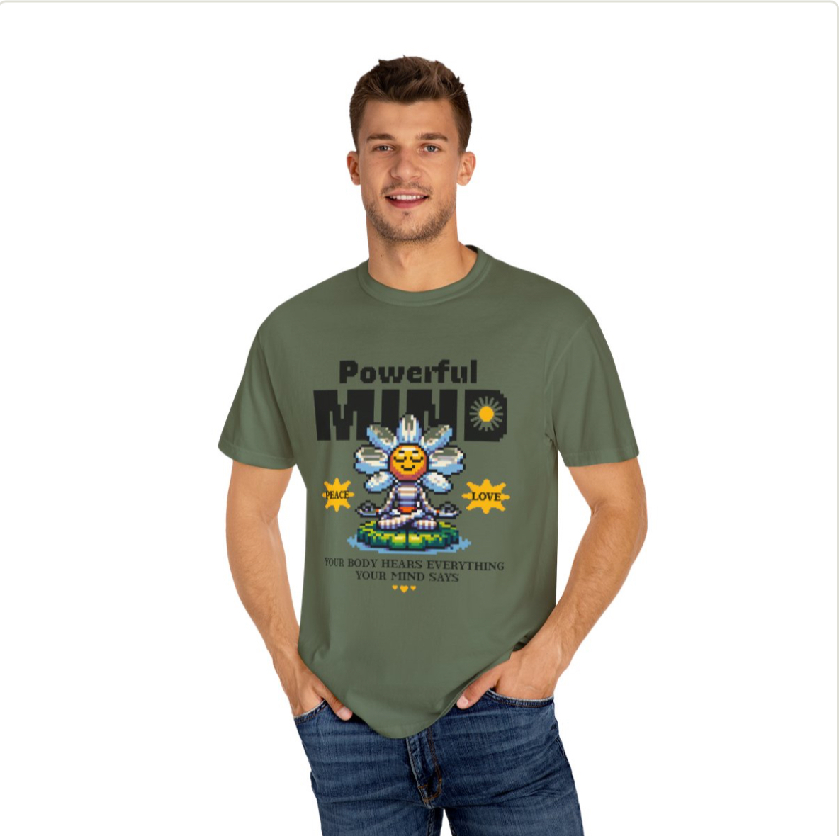 Powerful Mind T-Shirt, Unisex Garment-Dyed Tee, Boho Graphic Shirt for Wellness, Mindfulness Gift, Peace and Love Vibes
