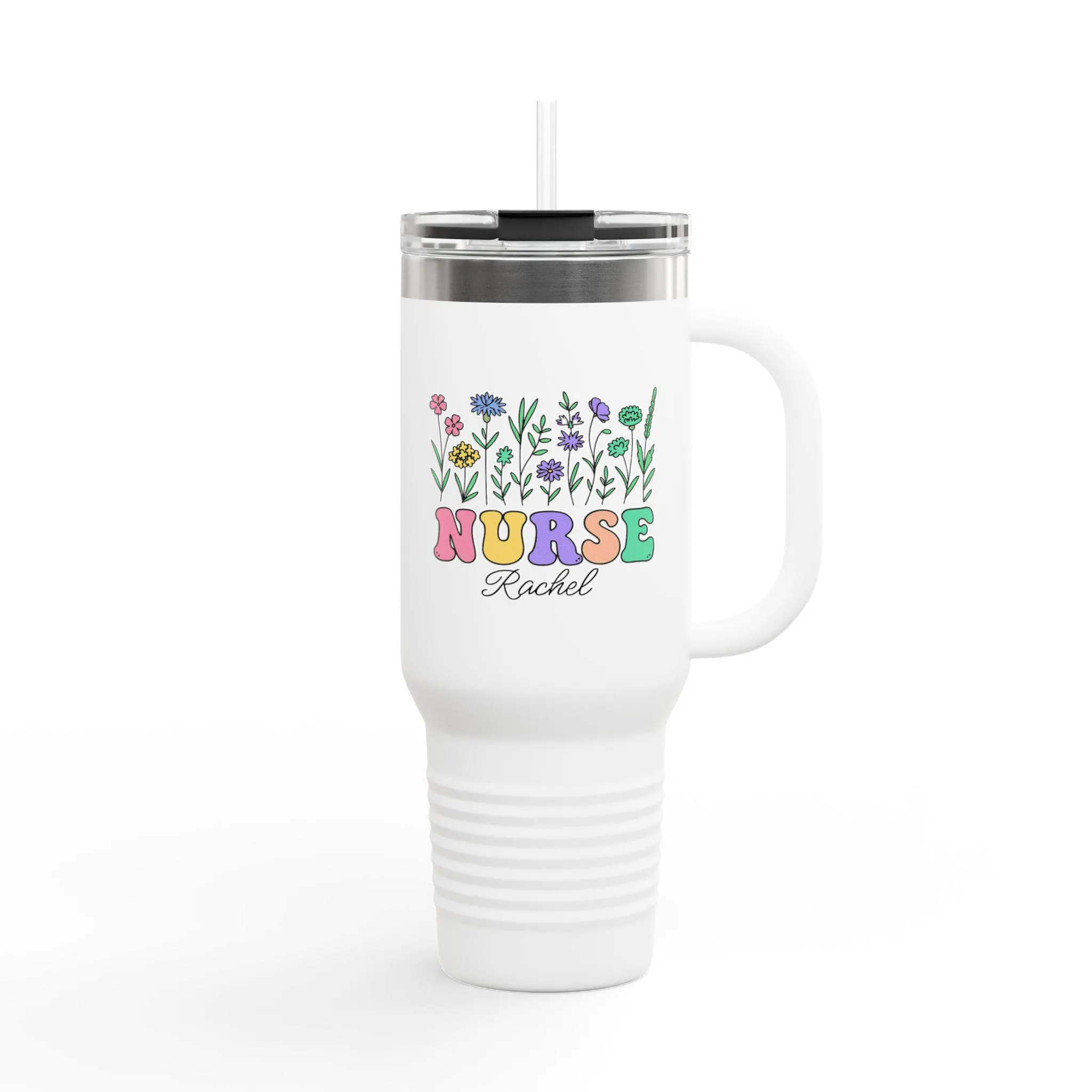 Personalized Nurse Insulated Travel Mug, 40oz - Perfect Gift for Nurses, Floral Design, Customizable Name, Motivational Drinkware, Ideal for
