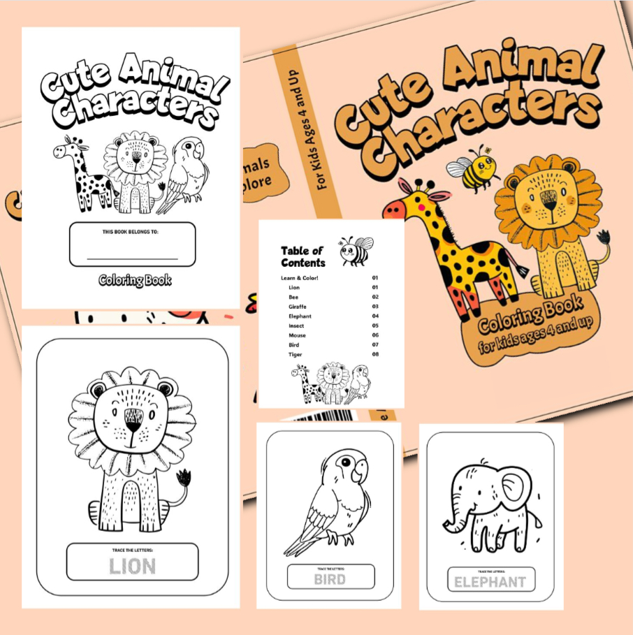 Cute Animal Characters Coloring Book, Digital download 
