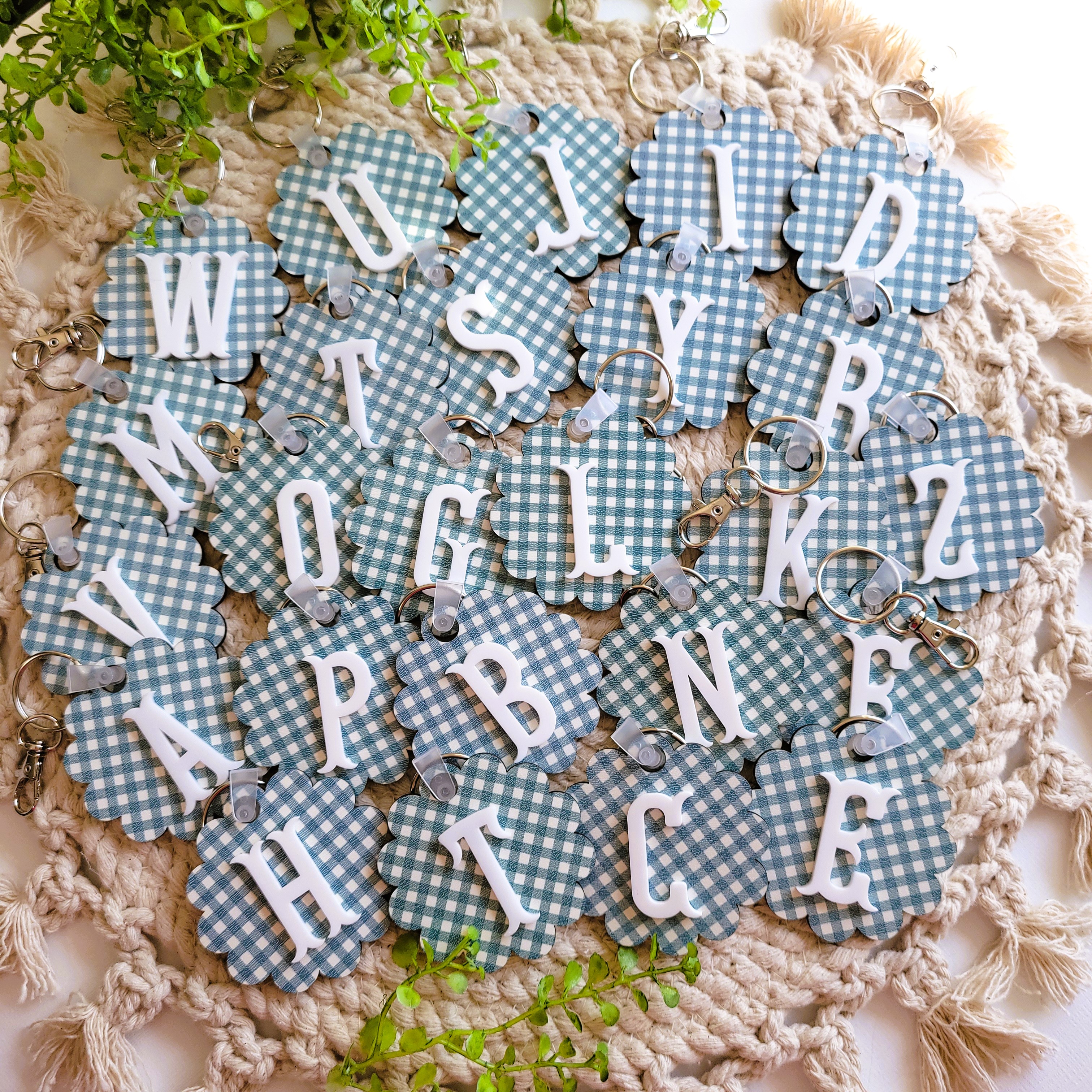 Teal Gingham Alphabet Keychains