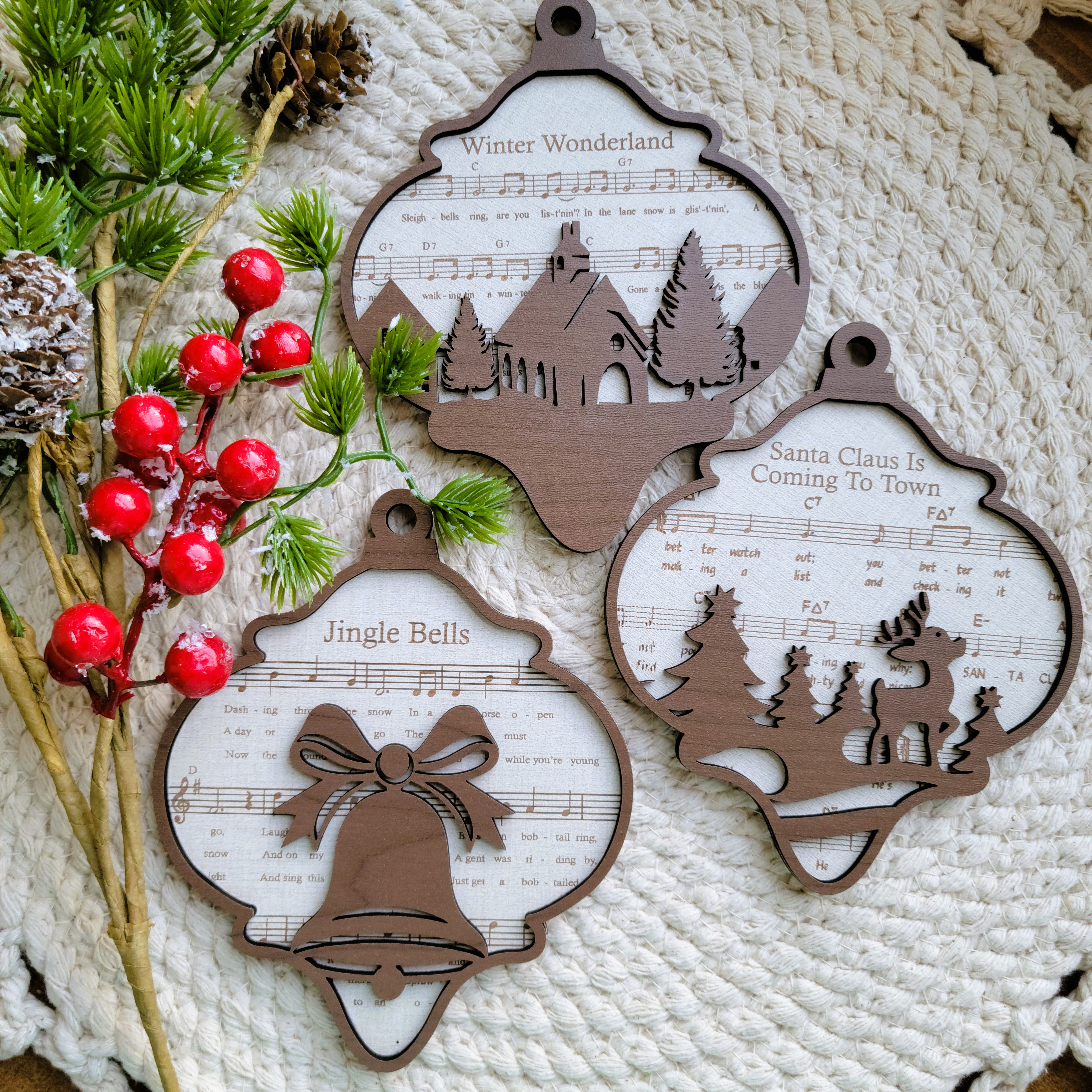 Set of 6 Christmas Sheet Music Engraved Wooden Ornaments