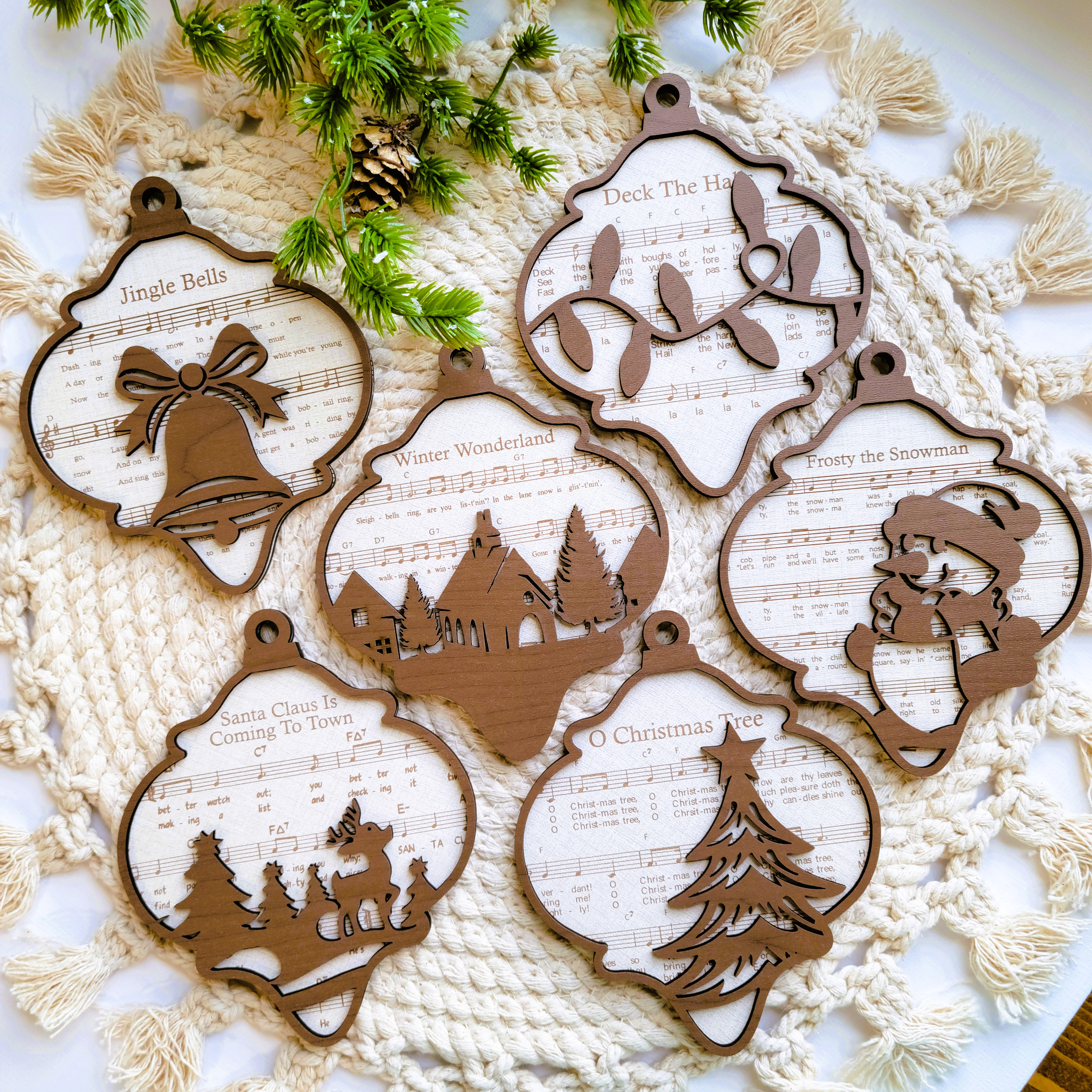 Set of 6 Christmas Sheet Music Engraved Wooden Ornaments
