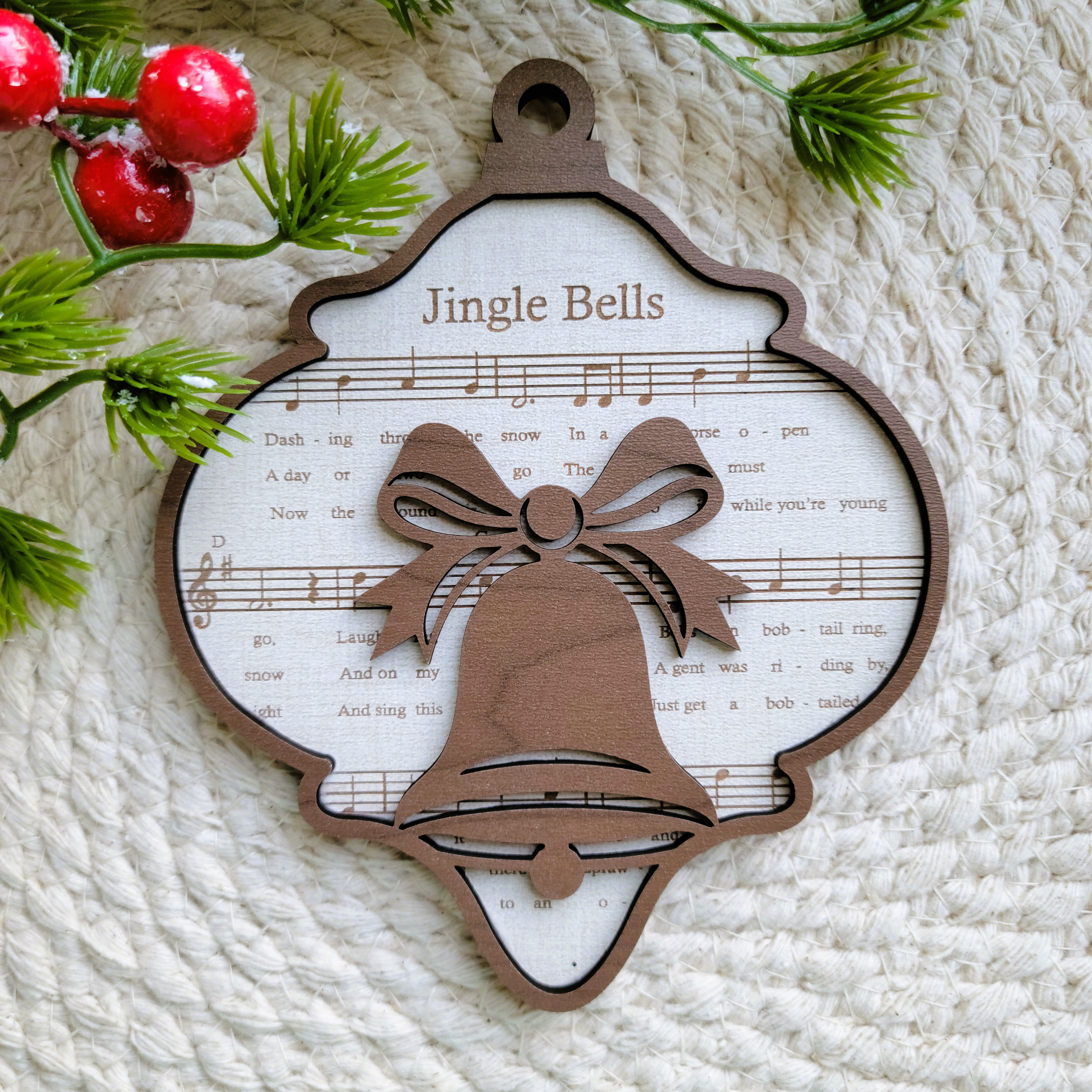 "Jingle Bells' Sheet Music Engraved Wooden Ornament