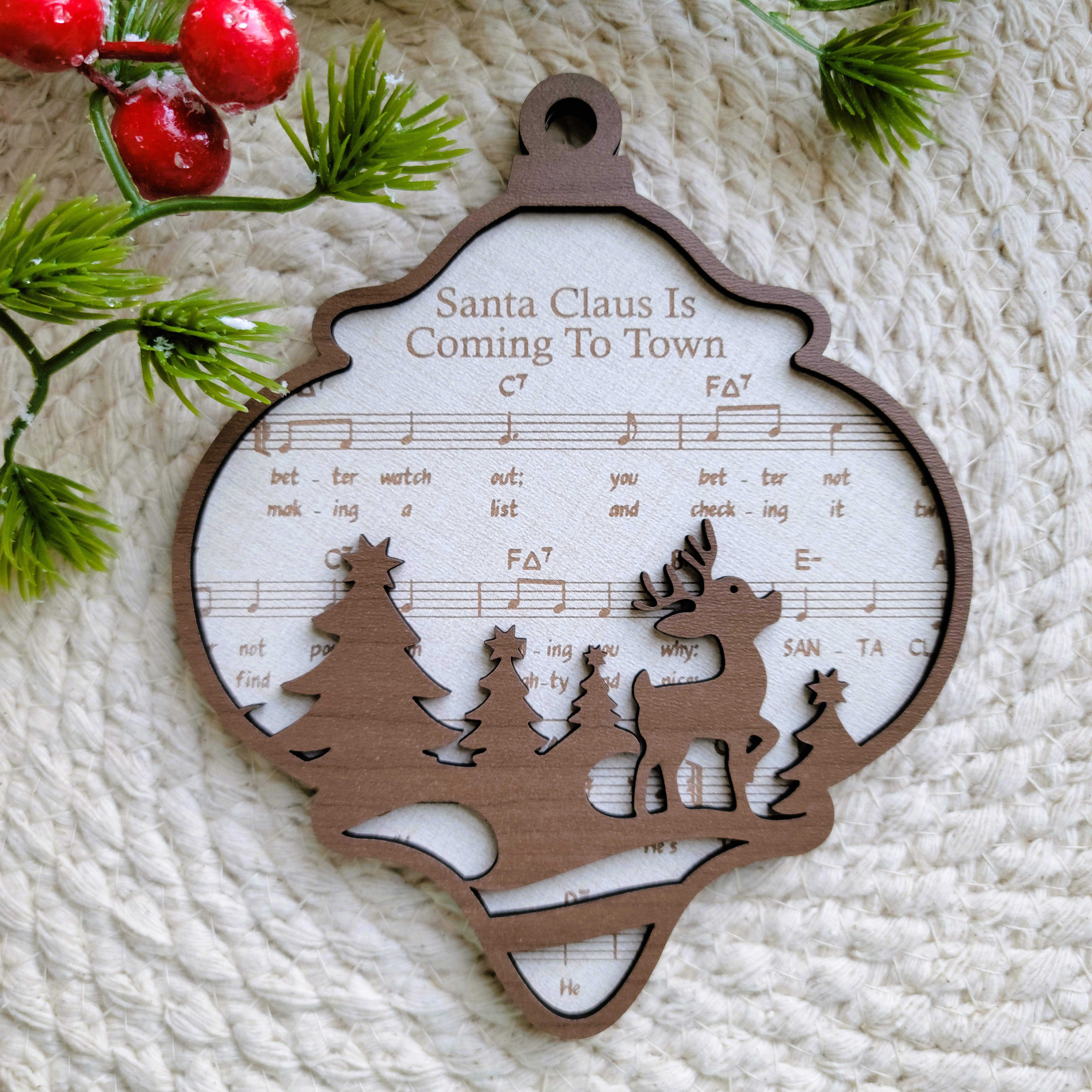 'Santa Claus is Coming to Town' Sheet Music Engraved Wooden Ornament