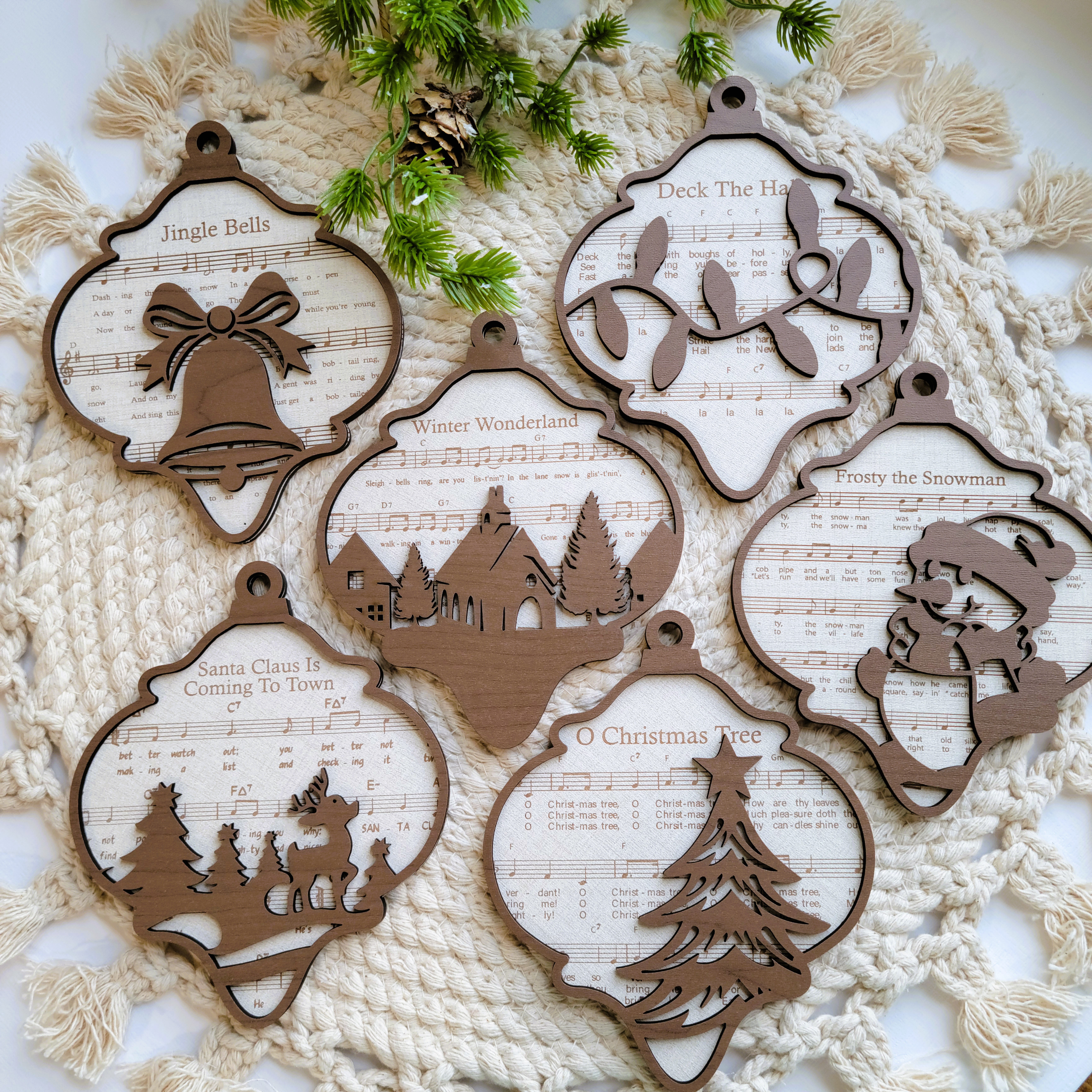 Set of 6 Christmas Sheet Music Engraved Wooden Ornaments
