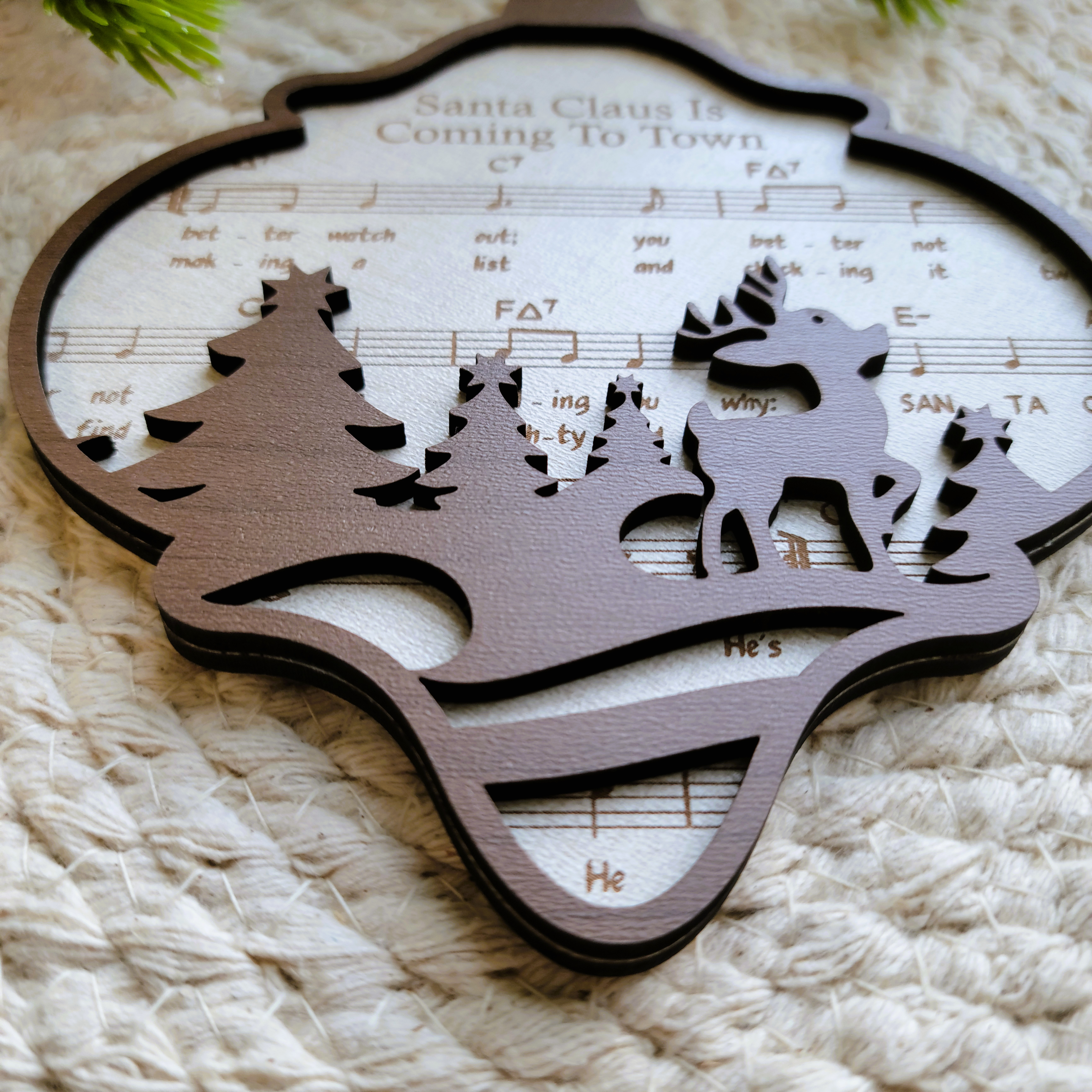 'Santa Claus is Coming to Town' Sheet Music Engraved Wooden Ornament