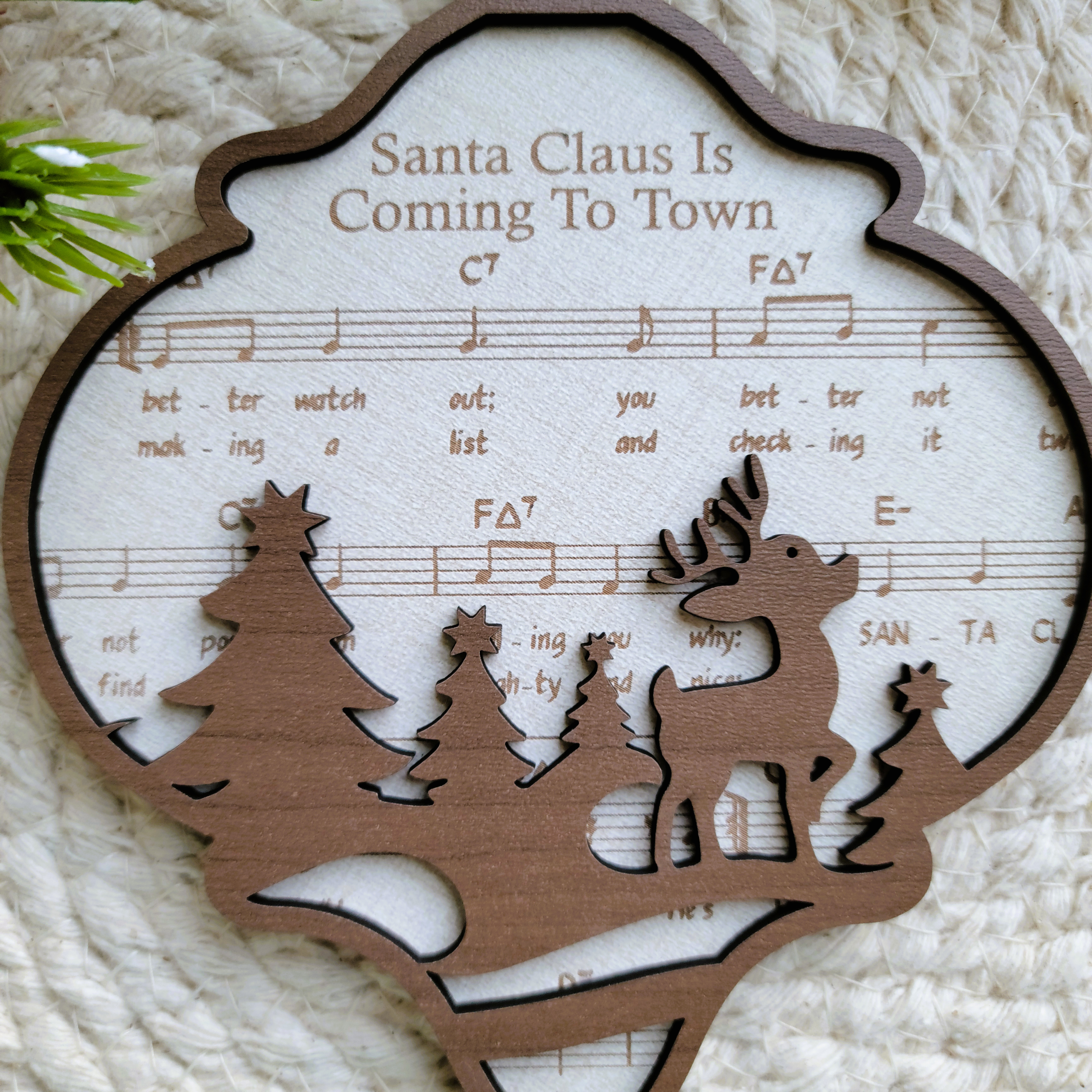 'Santa Claus is Coming to Town' Sheet Music Engraved Wooden Ornament