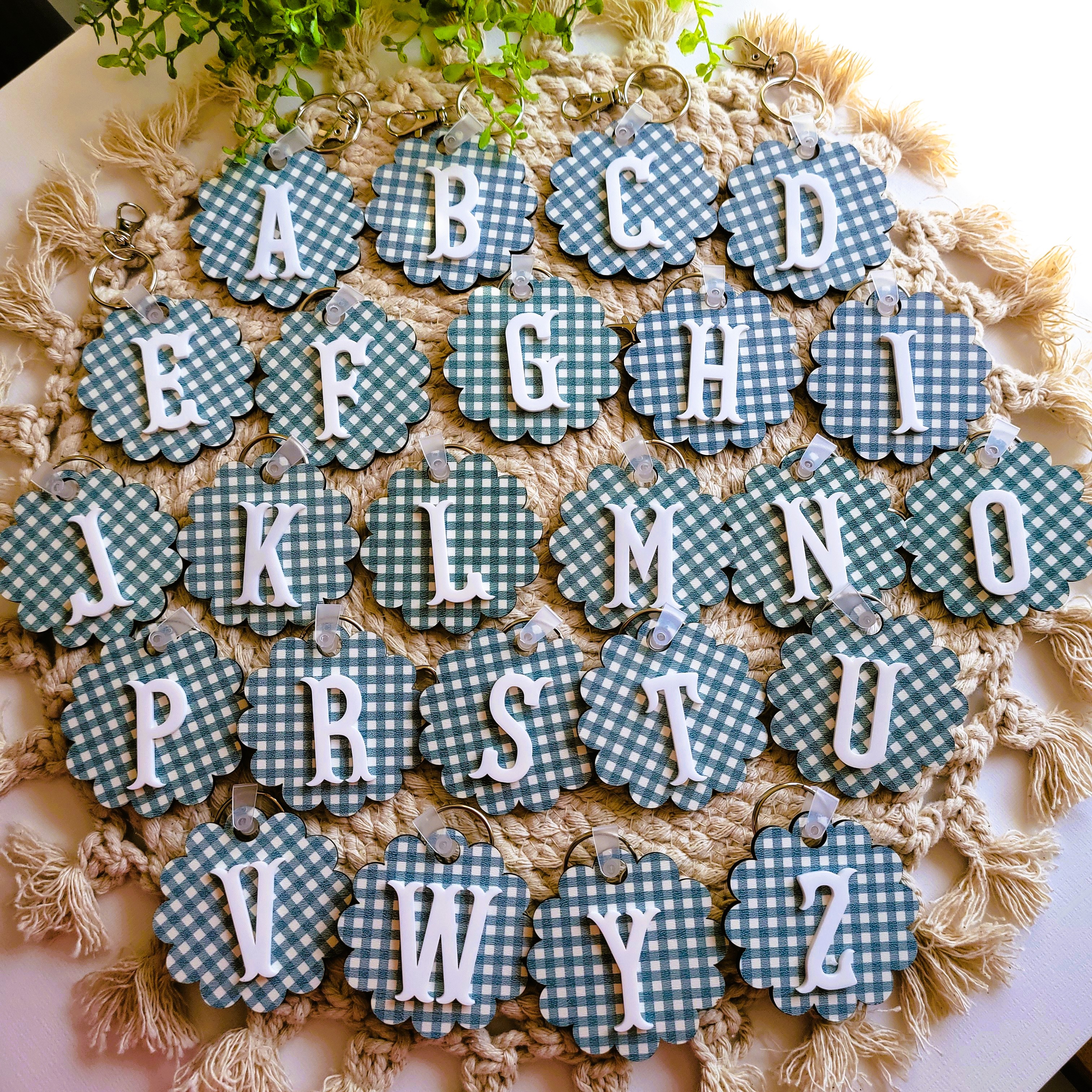 Teal Gingham Alphabet Keychains