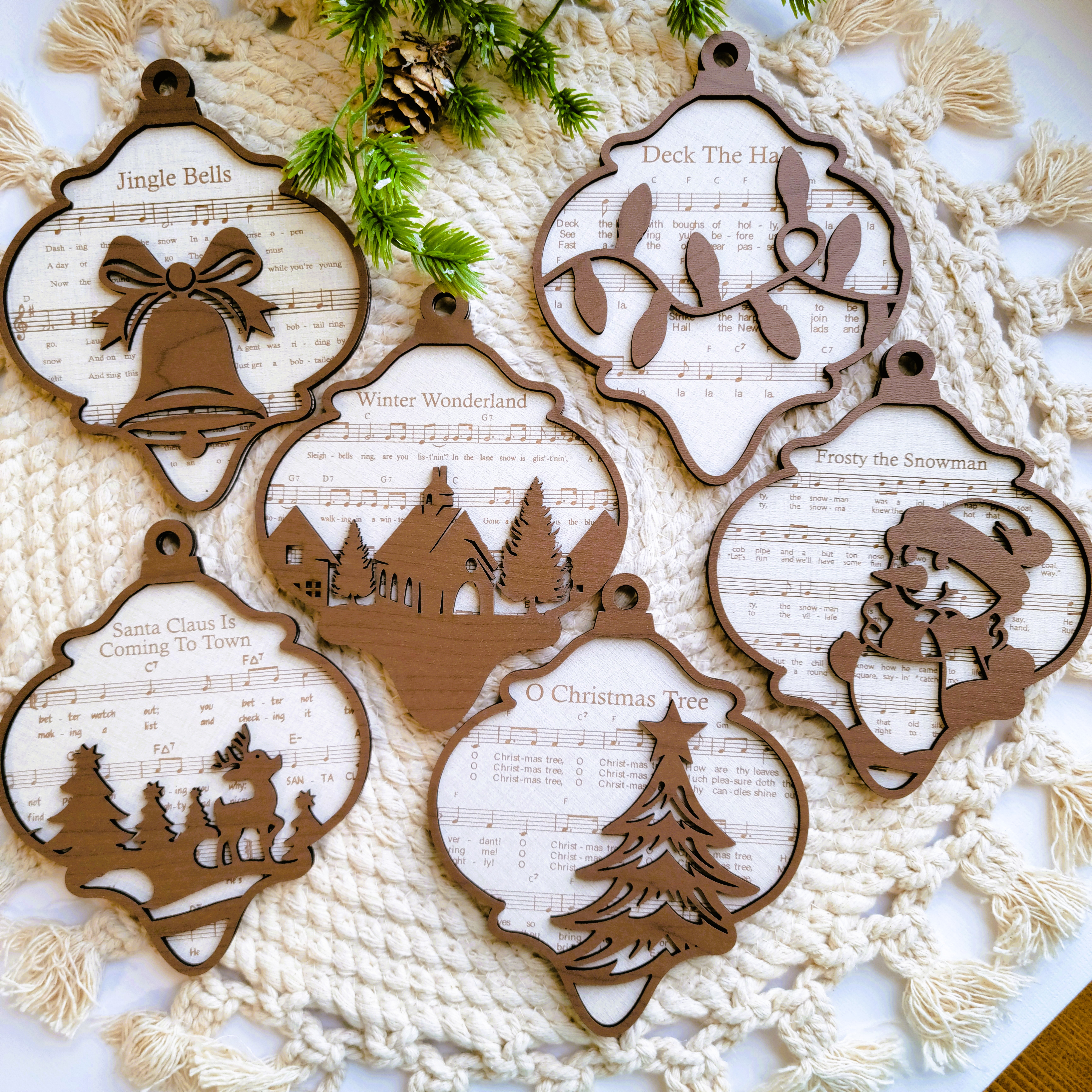 Set of 6 Christmas Sheet Music Engraved Wooden Ornaments