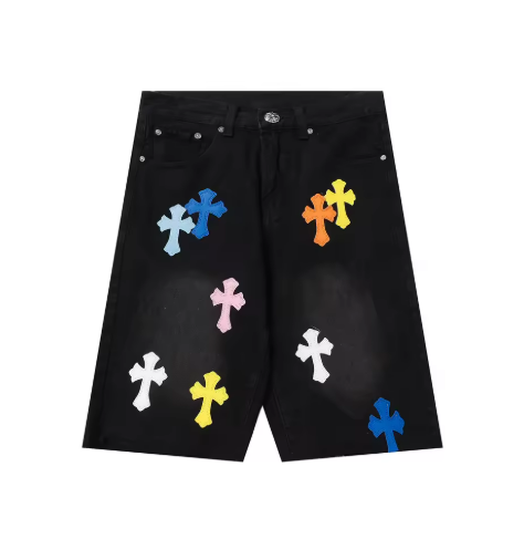 Black Denim Shorts with Colorful Cross Patches