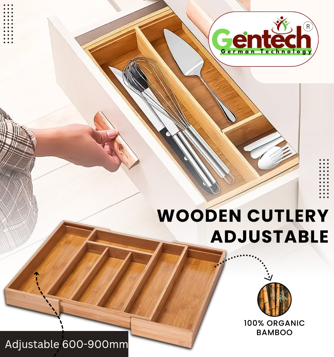 Gentech Expandable Bamboo wooden cutlery Drawer Organizer