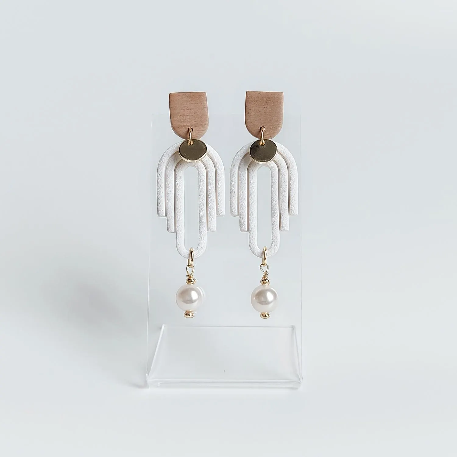 Handmade Elegant White Polymer Clay Arch Earrings with Pearl Drop