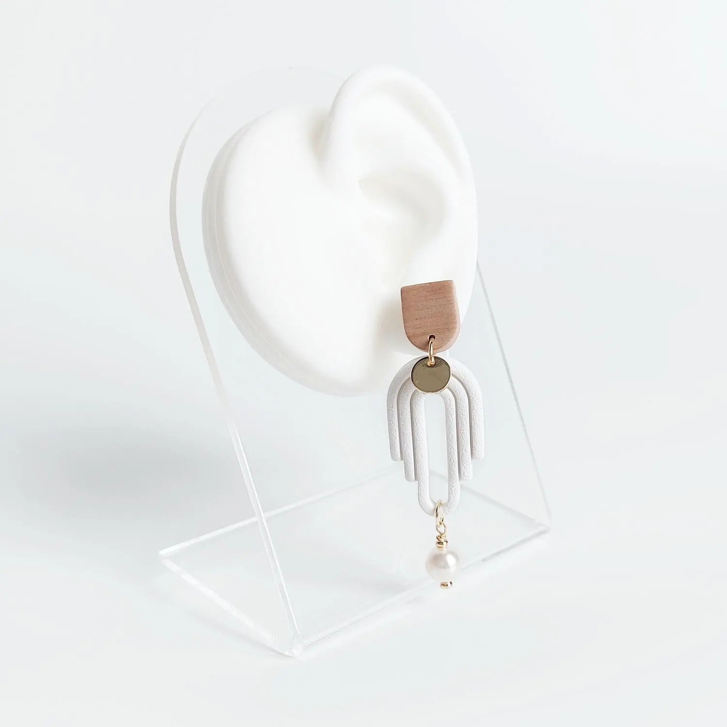 Handmade Elegant White Polymer Clay Arch Earrings with Pearl Drop