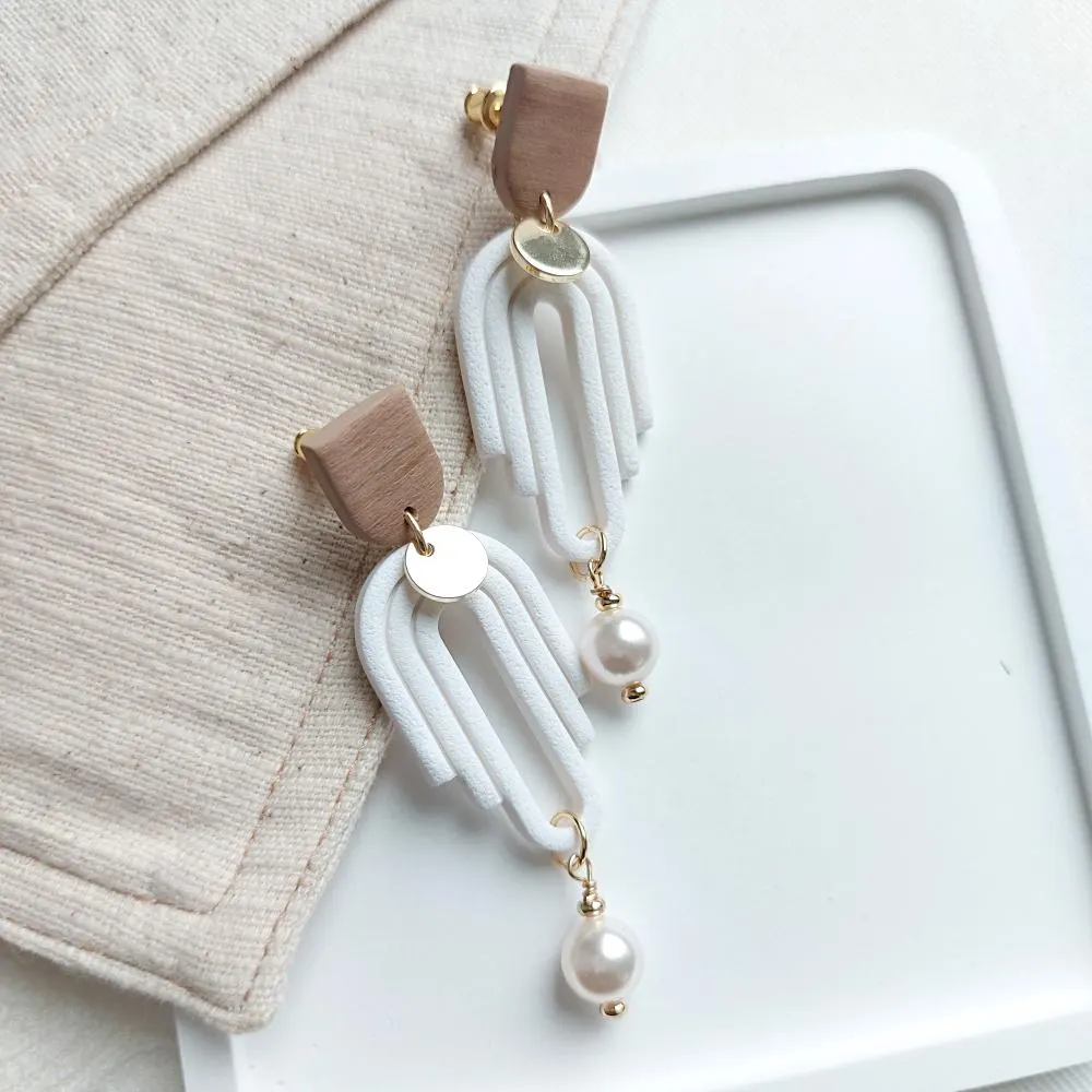 Handmade Elegant White Polymer Clay Arch Earrings with Pearl Drop