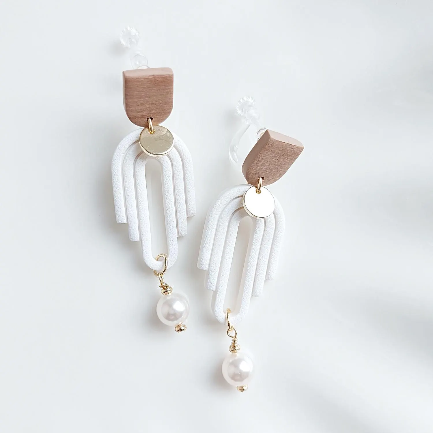 Handmade Elegant White Polymer Clay Arch Earrings with Pearl Drop