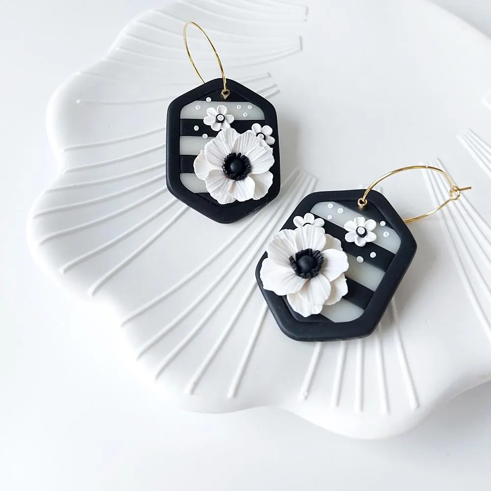Handmade Black and White Floral Polymer Clay Earrings