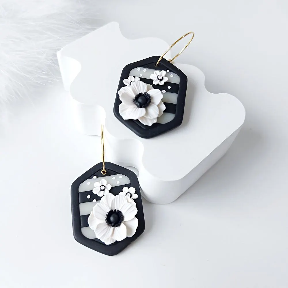 Handmade Black and White Floral Polymer Clay Earrings