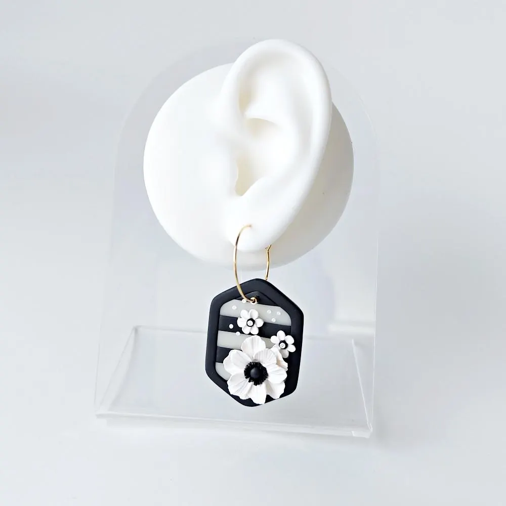 Handmade Black and White Floral Polymer Clay Earrings