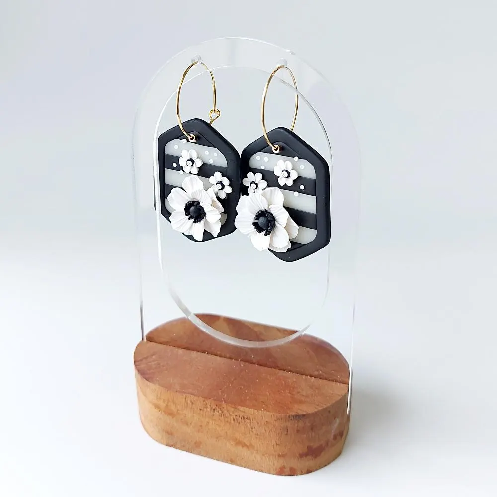 Handmade Black and White Floral Polymer Clay Earrings