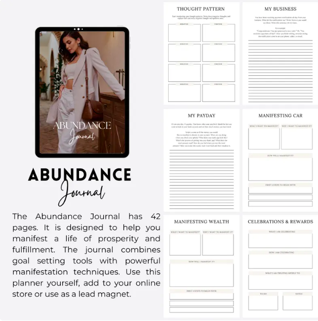 Abundance & Gratitude Journal | PLR Journal | Plr Digital Products | Self Love Journal | Canva Template | Done For You.