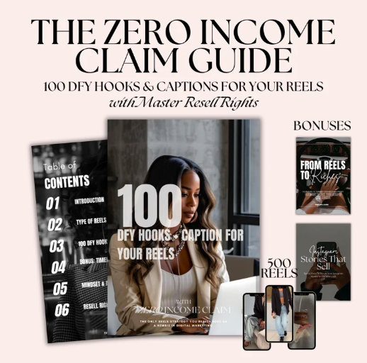 PLR Zero Income Claim,100 DFY Hooks Captions,Instagram Reels Done For You Caption,PLR Digital Products,Digital Marketing,Faceless Marketing