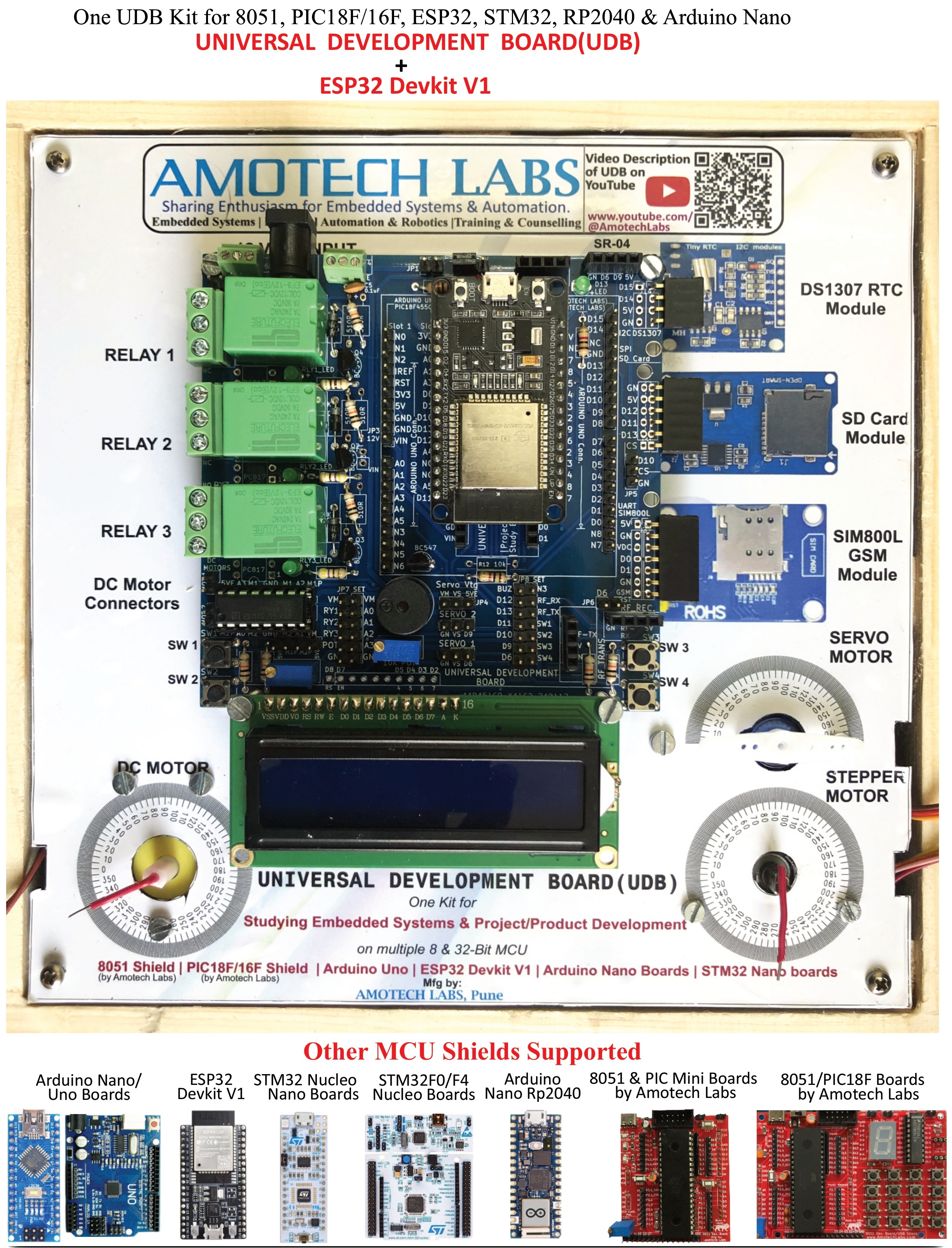 Universal Development Board(UDB) Kit [One Development Board for 8051, PIC18Fxxx, ESP32,STM32 and Arduino Microcontrollers] 
