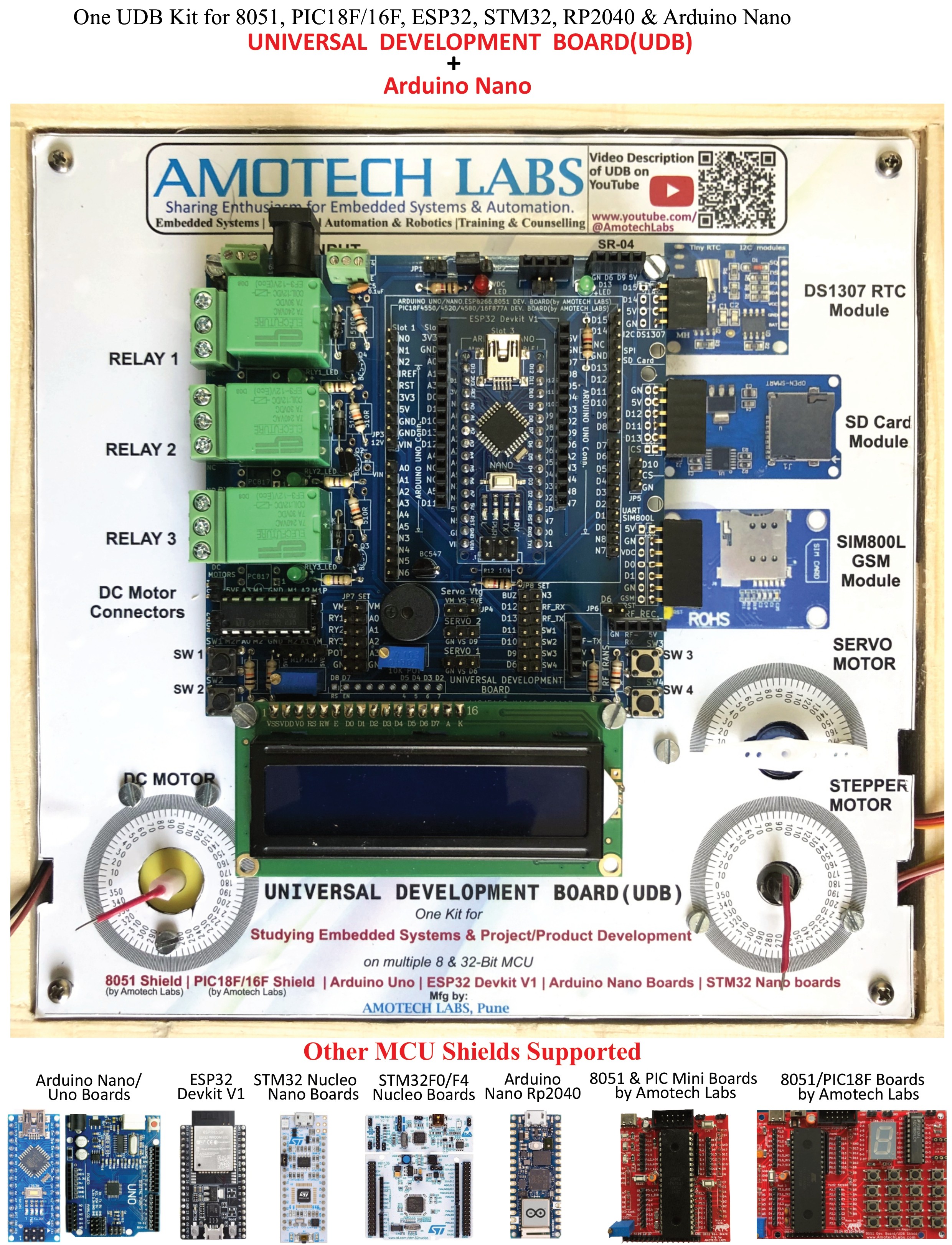Universal Development Board(UDB) Kit [One Development Board for 8051, PIC18Fxxx, ESP32,STM32 and Arduino Microcontrollers] 