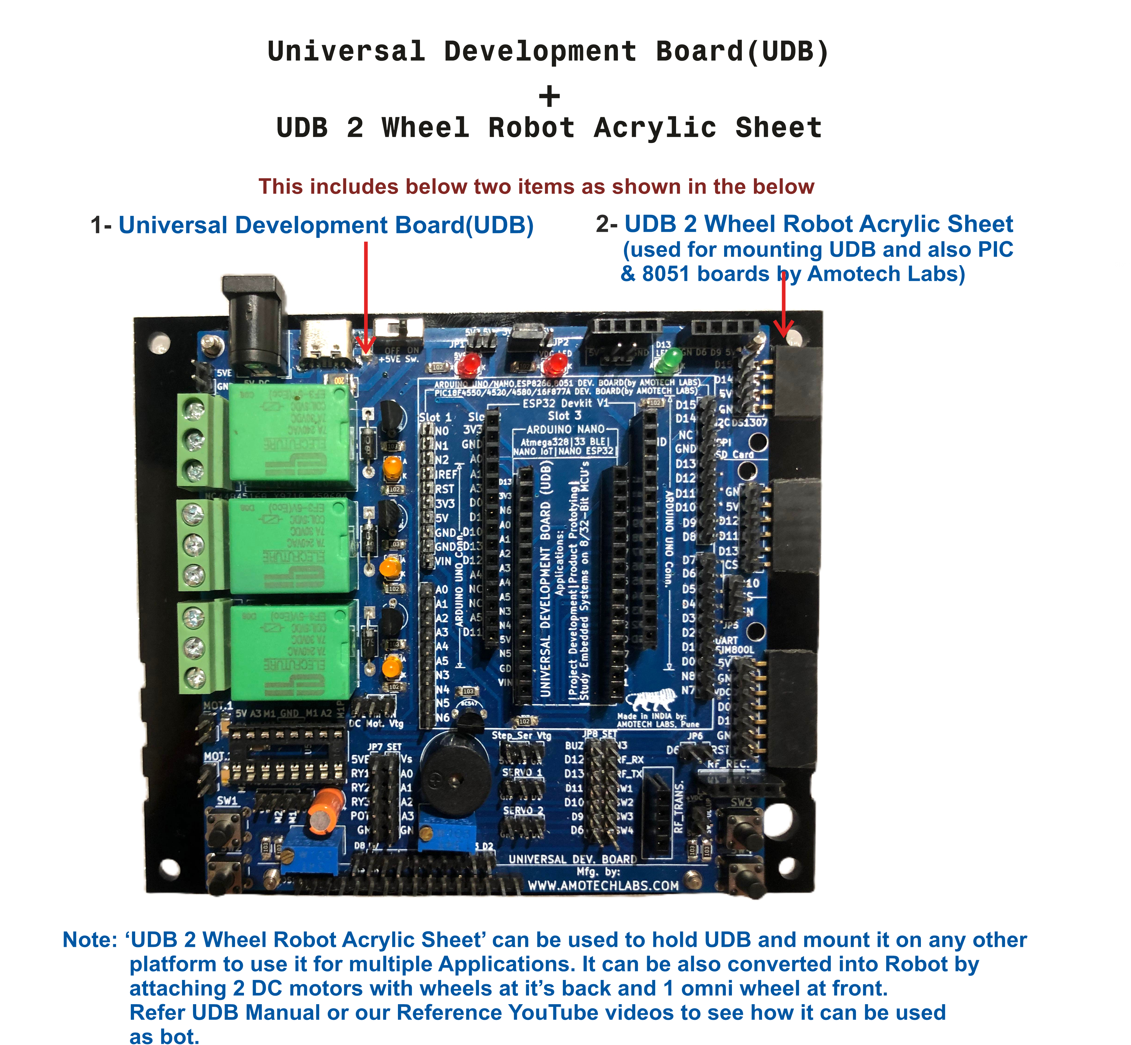 'Universal Development Board(UDB) + 'UDB 2 Wheel Acrylic Robot Sheet'