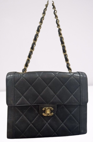 Authentic Chanel Vintage Black Leather Medium Flap 