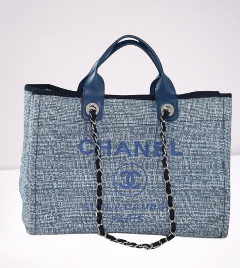 Authentic Chanel Deauville Blue Silver Glitter Tote Bag