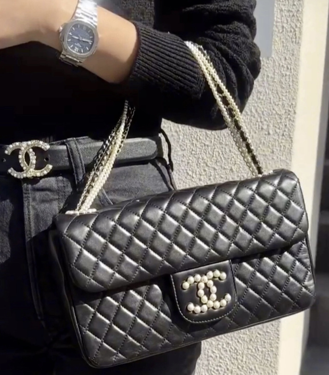 Chanel Westminster Pearls Black Leather Flap Bag