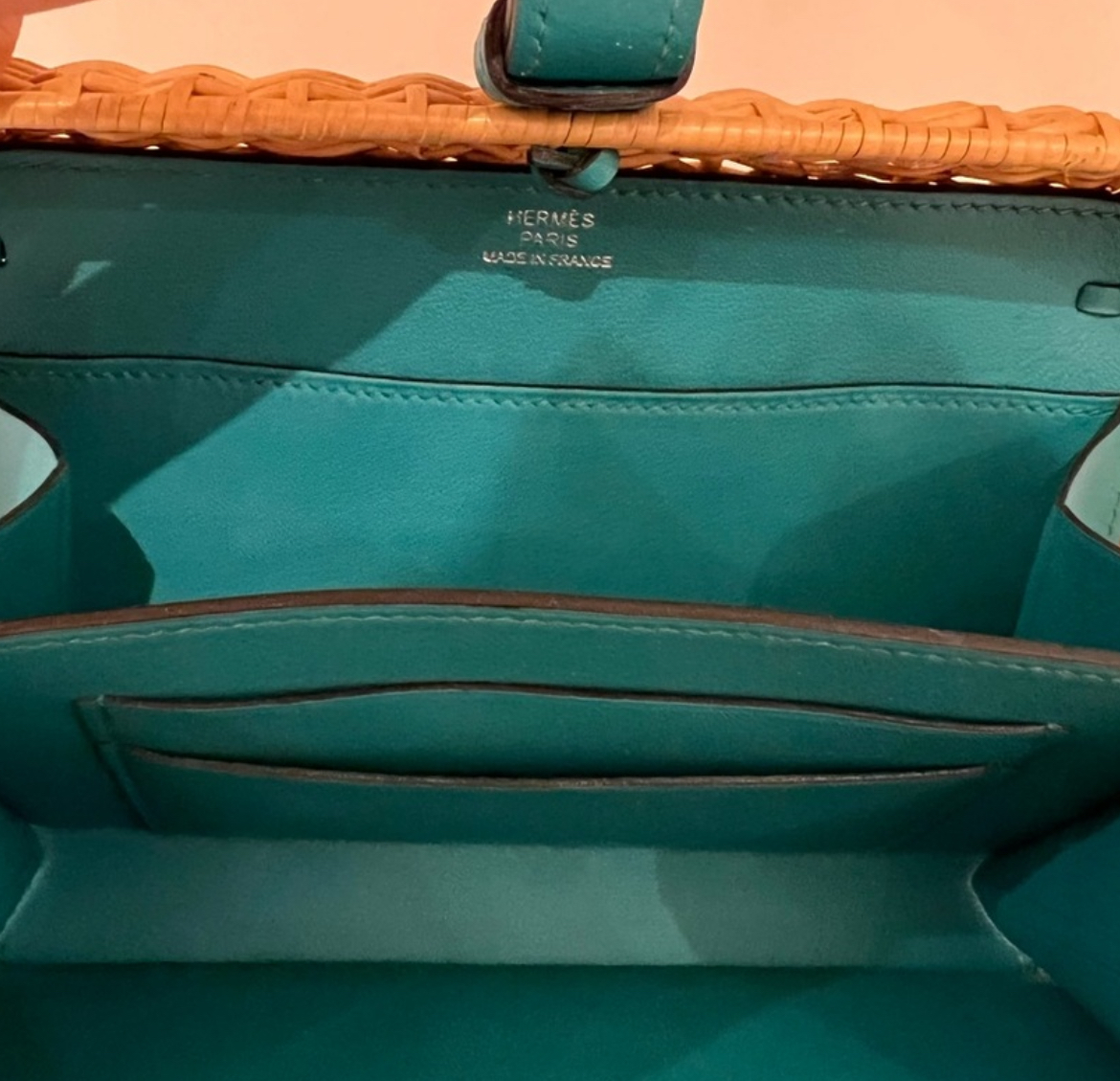 Hermes Rattan Wicker Teal Leather Evening Bag
