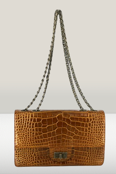 Chanel Brown Mock Croc Leather Flap Bag