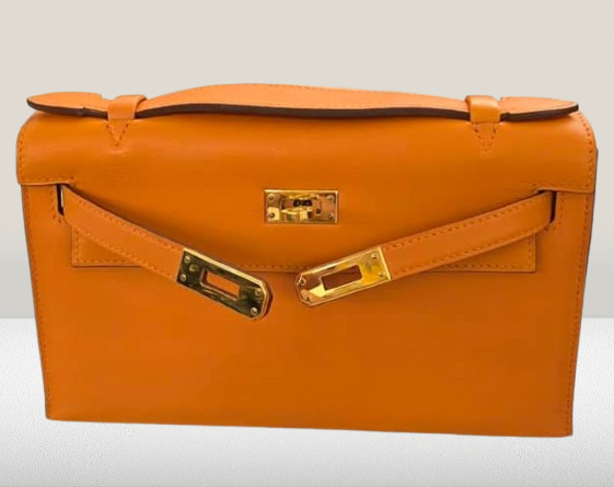 Hermes Orange Leather Kelly Pochette Bag 