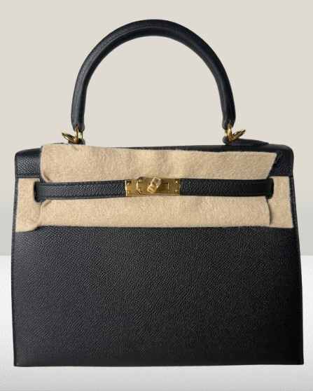 Hermes Black Noir Leather Kelly 25cm Bag Gold Hardware