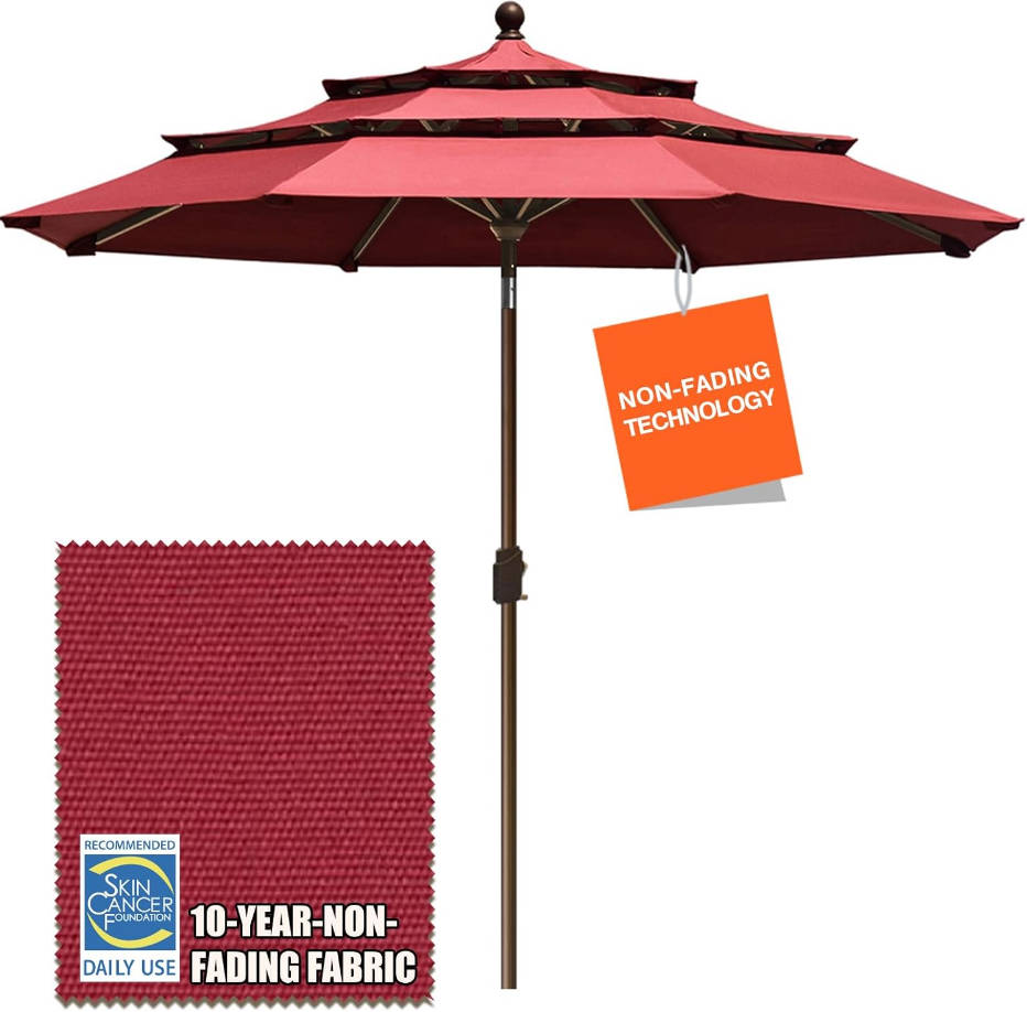 USA 10-Year-Non-Fading 9Ft 3 Tiers Market Umbrella Patio Umbrella Outdoor Table Umbrella with Ventilation, Burgundy
