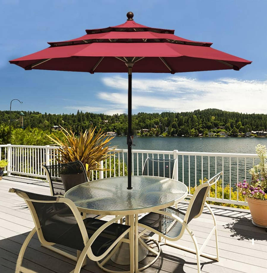 USA 10-Year-Non-Fading 9Ft 3 Tiers Market Umbrella Patio Umbrella Outdoor Table Umbrella with Ventilation, Burgundy