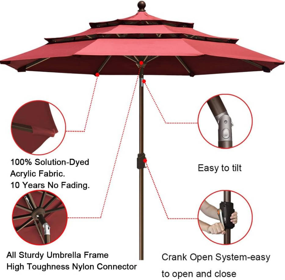 USA 10-Year-Non-Fading 9Ft 3 Tiers Market Umbrella Patio Umbrella Outdoor Table Umbrella with Ventilation, Burgundy