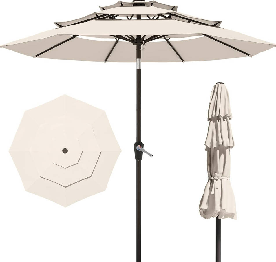 10FT Patio Umbrella 3 Tiers Outdoor Market Umbrella w/Push Button Tilt, Crank, UV and Waterproof Table Umbrella for Garden, Pool, Backyard, Deck, Lawn, Creamy White