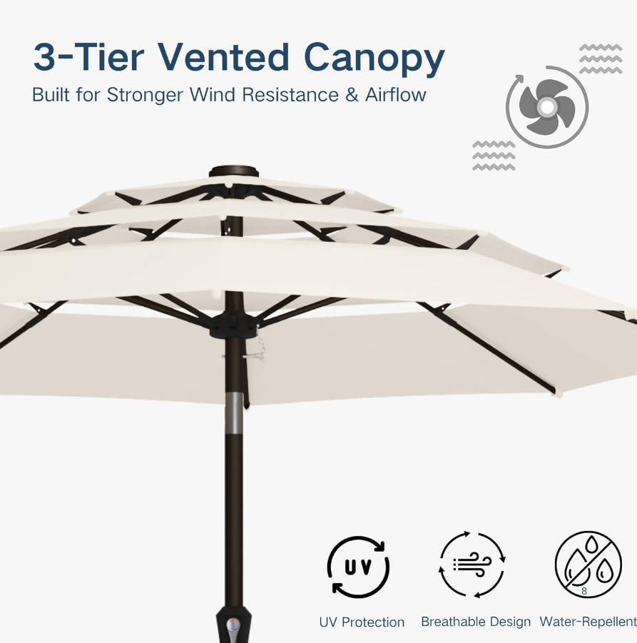 10FT Patio Umbrella 3 Tiers Outdoor Market Umbrella w/Push Button Tilt, Crank, UV and Waterproof Table Umbrella for Garden, Pool, Backyard, Deck, Lawn, Creamy White
