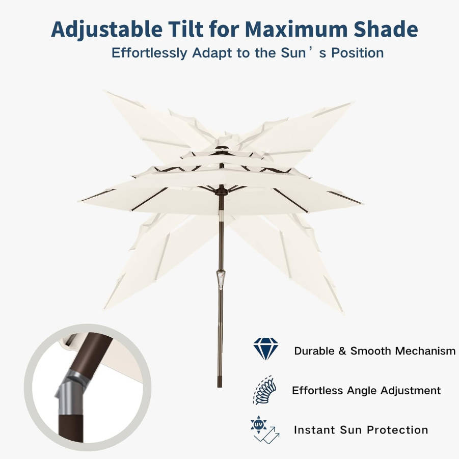 10FT Patio Umbrella 3 Tiers Outdoor Market Umbrella w/Push Button Tilt, Crank, UV and Waterproof Table Umbrella for Garden, Pool, Backyard, Deck, Lawn, Creamy White