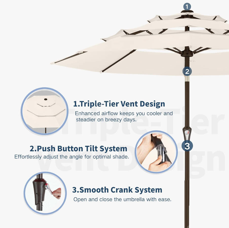 10FT Patio Umbrella 3 Tiers Outdoor Market Umbrella w/Push Button Tilt, Crank, UV and Waterproof Table Umbrella for Garden, Pool, Backyard, Deck, Lawn, Creamy White