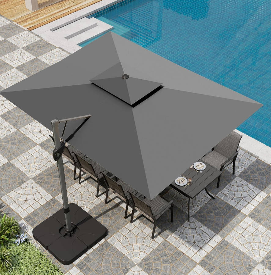  Cantilever Patio Umbrella with Base, 9' X 12' Outdoor Large Rectangluar Umbrellas with 360°Rotation, Heavy Duty Hydraulic Double Umbrella Windproof for Outside, Deck, Garden, Porch, Grey