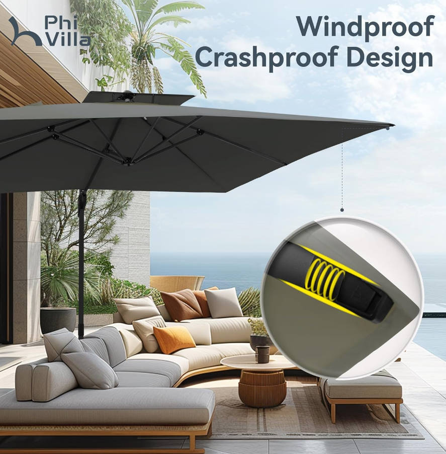  Cantilever Patio Umbrella with Base, 9' X 12' Outdoor Large Rectangluar Umbrellas with 360°Rotation, Heavy Duty Hydraulic Double Umbrella Windproof for Outside, Deck, Garden, Porch, Grey